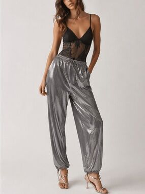 Anthropologie Liquid Shine Parachute Pants Women's Small Silver Metallic Party